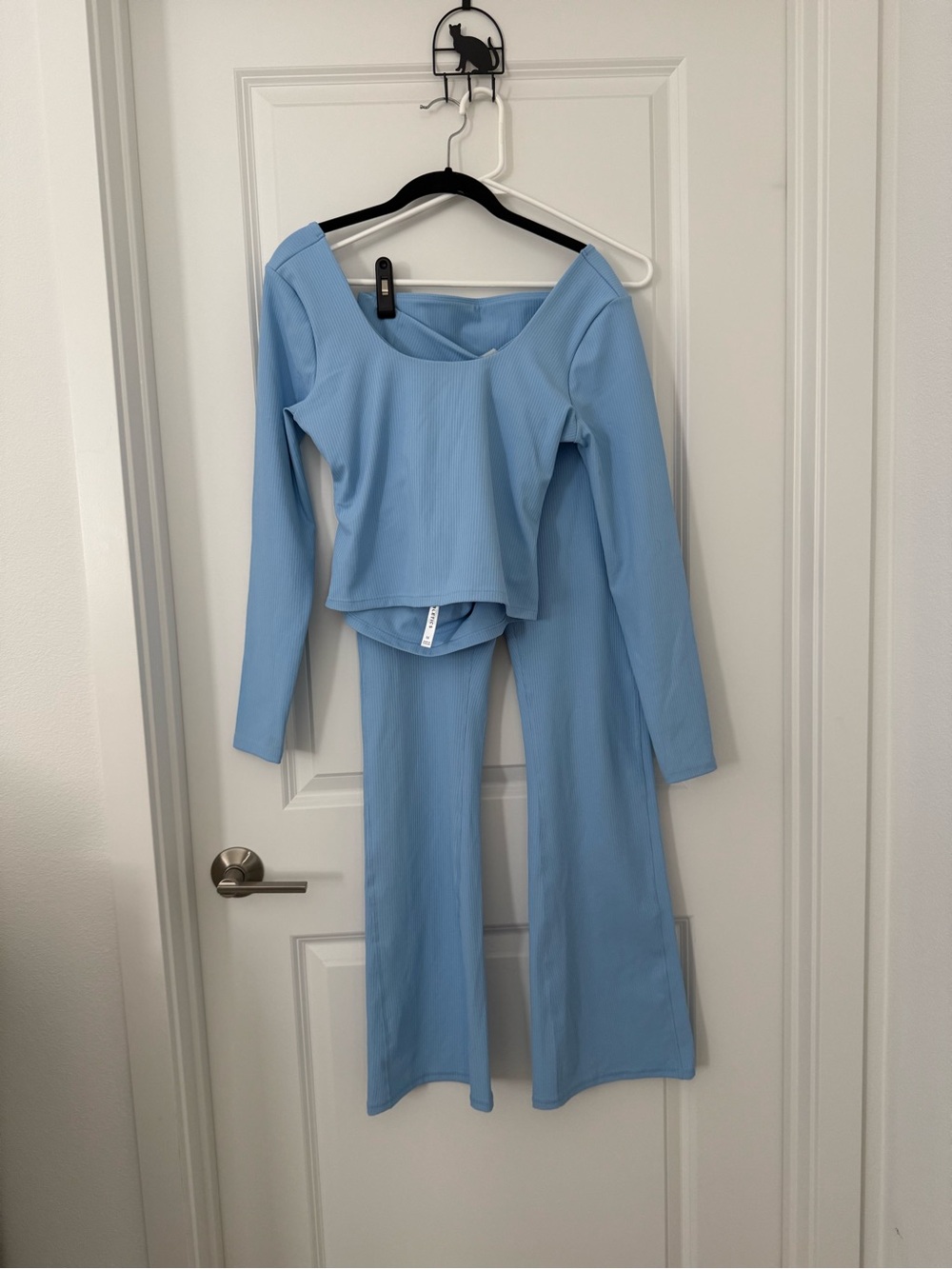 Fabletics Light Blue Ribbed Scoop-Neck Long Sleeve Top and Flare Leggings set